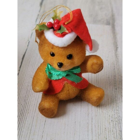 Flocked teddy bear Santa mistletoe ornament Xmas decor - Picture 1 of 5